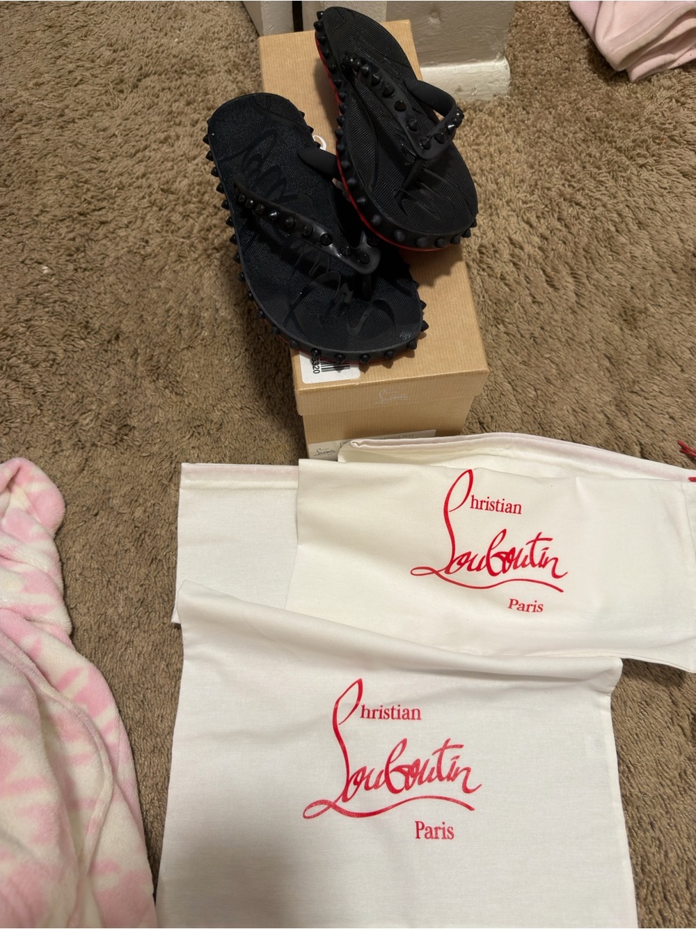 Christian Louboutin Black Studded Flip Flop Sandals with Red Soles